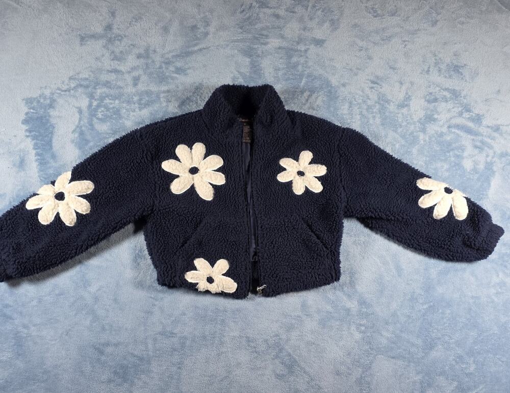 Xhilaration Girls M Navy Sherpa Jacket Daisy Floral Teddy Fleece Zip Up